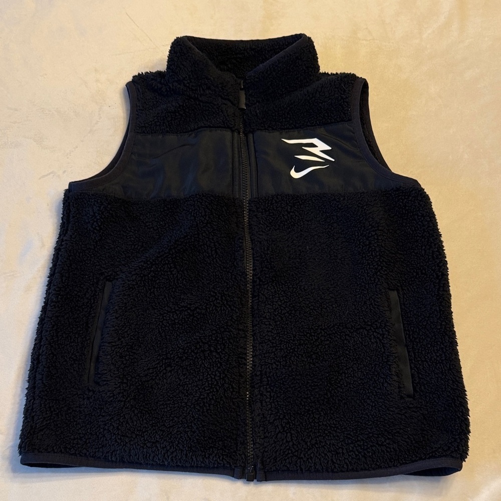 EUC! Nike 3 Brand Black Sherpa Fleece Zip Vest with White Logo, sz 10